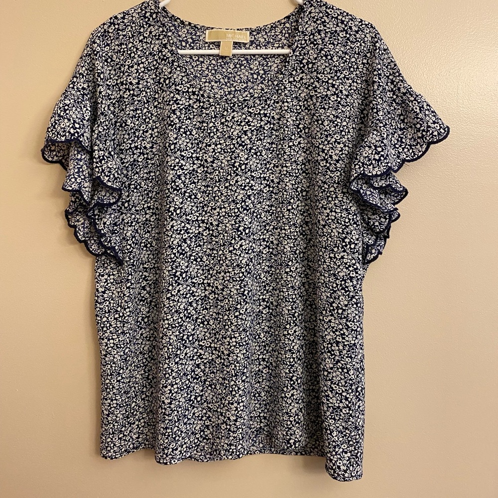 Micheal kors woman’s size medium blue floral blouse ruffle sleeve summer top new